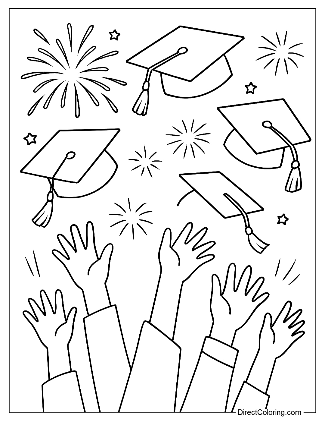 a coloring page with many graduation caps flying, surrounded by hands tossing hats and fireworks